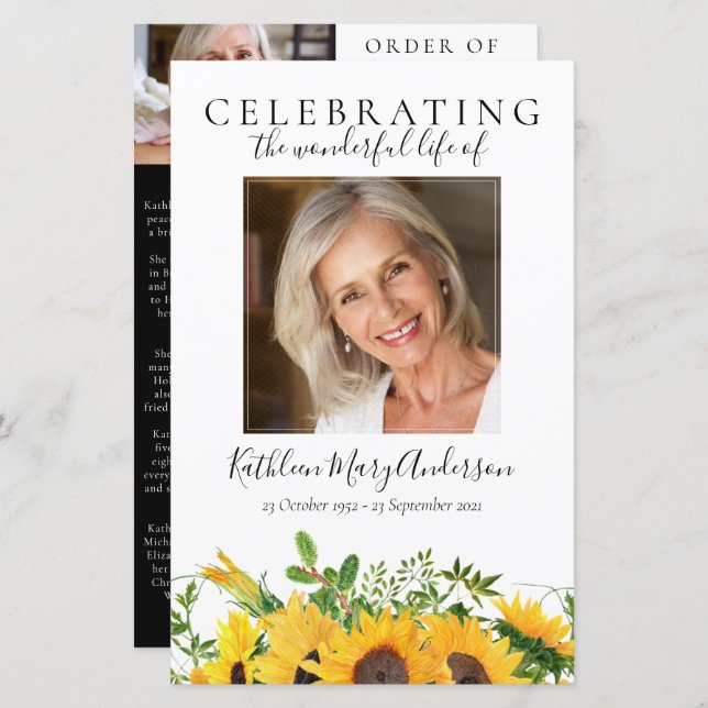 BUDGET Sunflowers Photo Memorial Service Program (Front/Back)