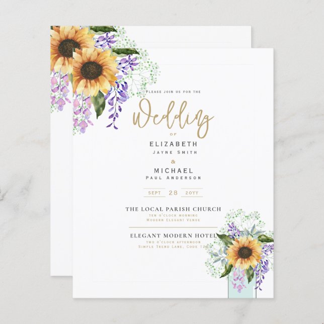 Budget Sunflowers Purple Floral Wedding Invite (Front/Back)