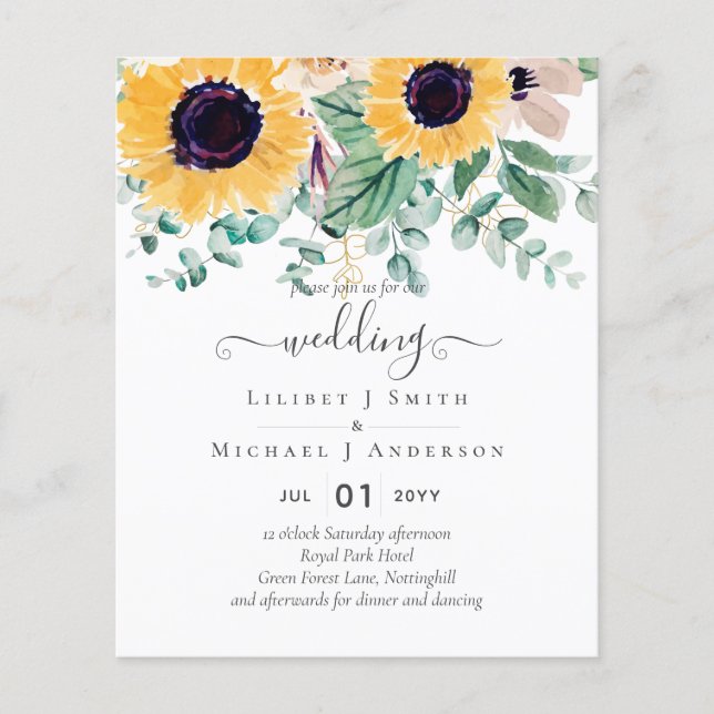 Budget Sunflowers Rustic Woodland Garden Wedding Flyer (Front)