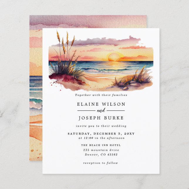 Budget Sunset Beach Sea Wedding Invitation (Front/Back)
