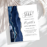 Budget Surprise 30th Birthday Party Blue Agate<br><div class="desc">The left-hand edge of this elegant surprise birthday party invitation features a navy blue watercolor agate border trimmed with faux silver glitter. The customisable text combines handwriting,  copperplate and italic fonts in charcoal grey on a white background. The reverse side features a matching navy blue and silver agate design.</div>