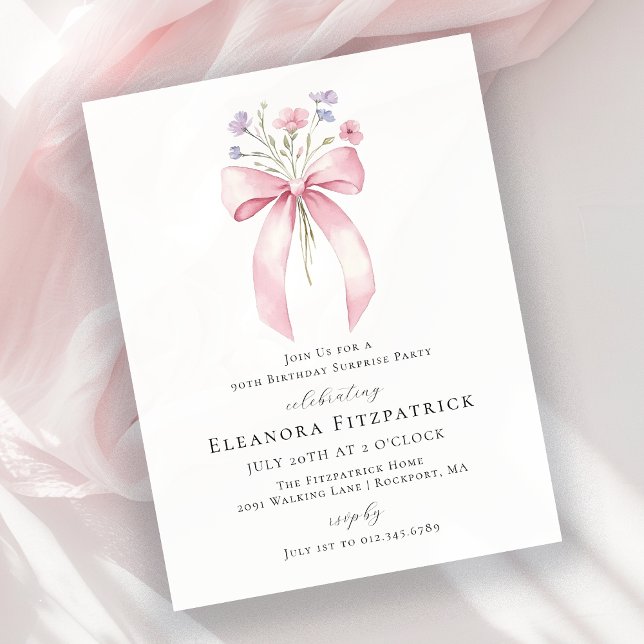 BUDGET SURPRISE 90th Birthday Pink Bow Invite (Creator Uploaded)