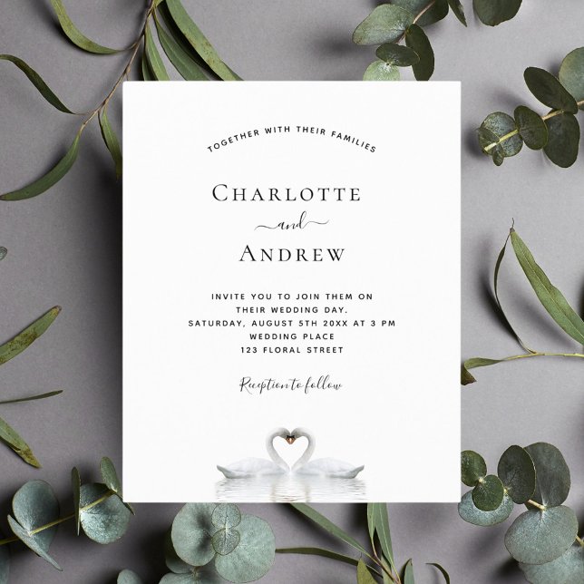 Budget swan couple white wedding invitation (Creator Uploaded)