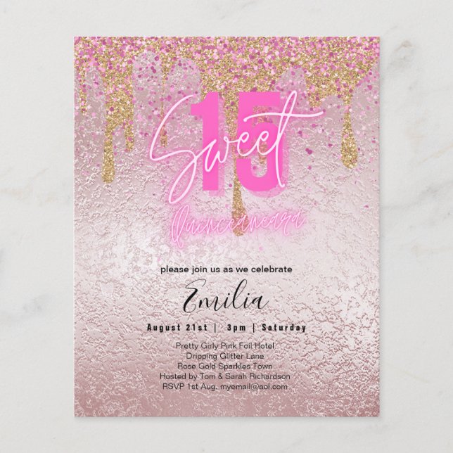 Budget Sweet 15 Pink Glitter Foil Quinceanera Glam Flyer (Front)