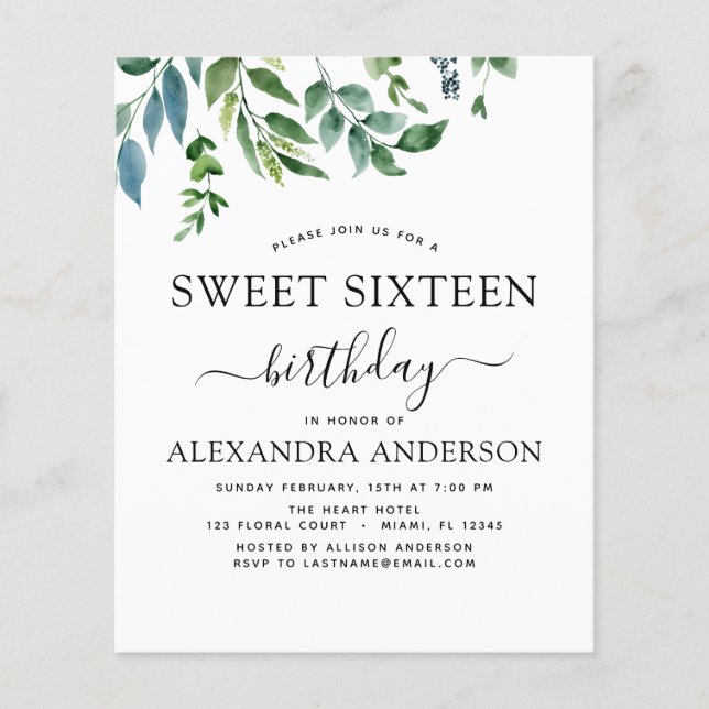 Budget Sweet 16 Birthday Botanical Greenery Flyer (Front)