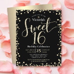 Budget Sweet 16 Black Gold Glitter Chic Invitation<br><div class="desc">“Happy Sweet 16”. Send out this stunning, sparkly, girly, festive, modern, personalised, custom budget party invitation for an event to remember. Gold glitter script typography and confetti overlay a black background. A brushed gold foil background is on the back. Personalise the custom text with your daughter’s name as well as...</div>