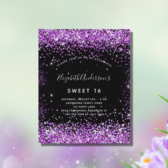 Budget Sweet 16 black purple glitter invitation (Creator Uploaded)