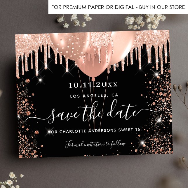 Budget Sweet 16 black rose gold save the date (Creator Uploaded)