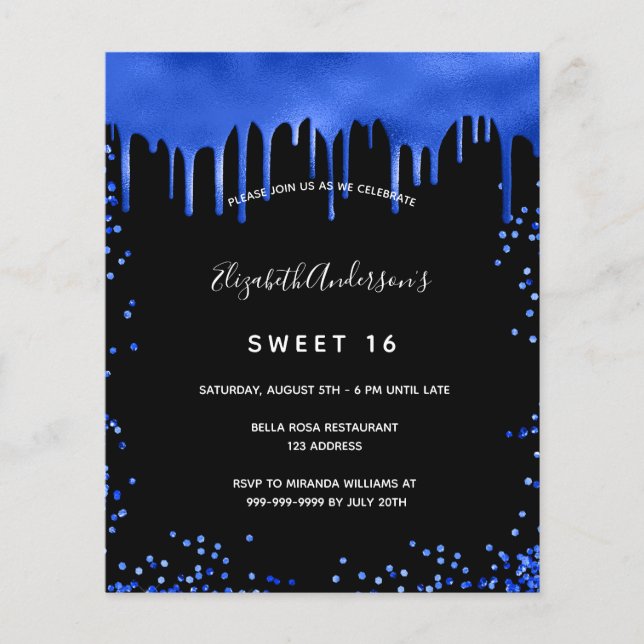 Budget Sweet 16 black royal blue invitation (Front)