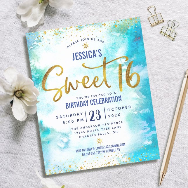 Budget Sweet 16 Blue Watercolor Gold Script Invite (Creator Uploaded)