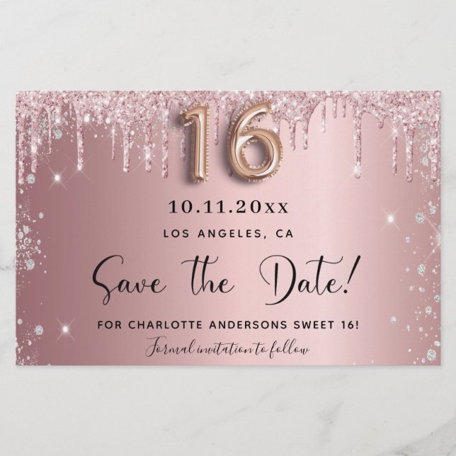 Budget Sweet 16 blush pink glitter save the date (Front)