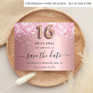 Budget Sweet 16 blush pink glitter save the date