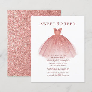 Budget Sweet 16 Dress Rose Gold Glitter Invitation