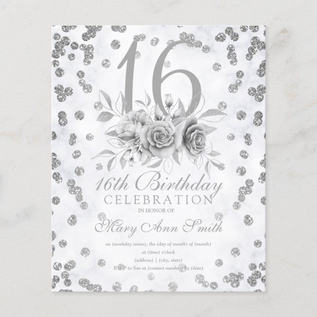 Budget Sweet 16 Glitter Silver Floral Invite Flyer (Front)