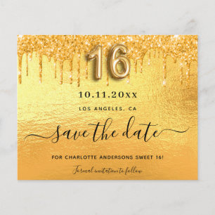 Budget Sweet 16 gold glitter drips save the date