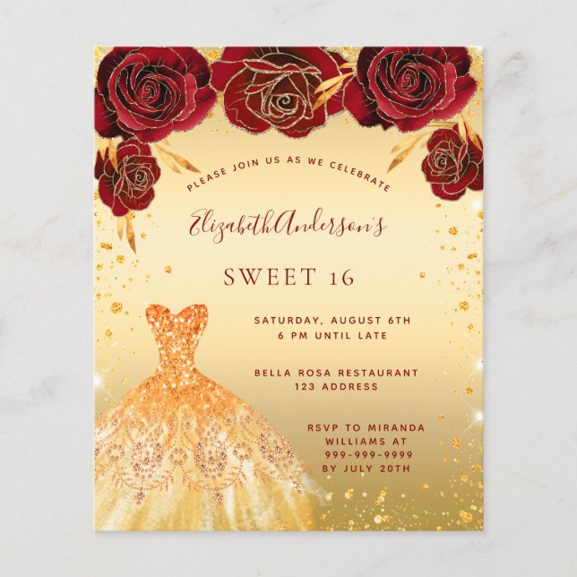Budget Sweet 16 gold red glitter dress invitation (Front)