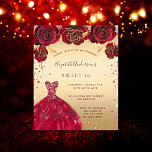 Budget Sweet 16 gold red glitter dress invitation<br><div class="desc">A modern,  stylish and glamourous invitation for a Sweet 16,  16th birthday party.  A faux gold background with faux gold glitter dust,  a dress and red roses,  florals.  The name is written with a modern hand lettered style script.  Personalise and add your party details.</div>