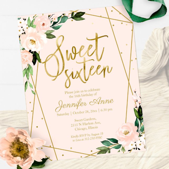 Budget Sweet 16 Invitation Gold Pink Blush Floral (Creator Uploaded)