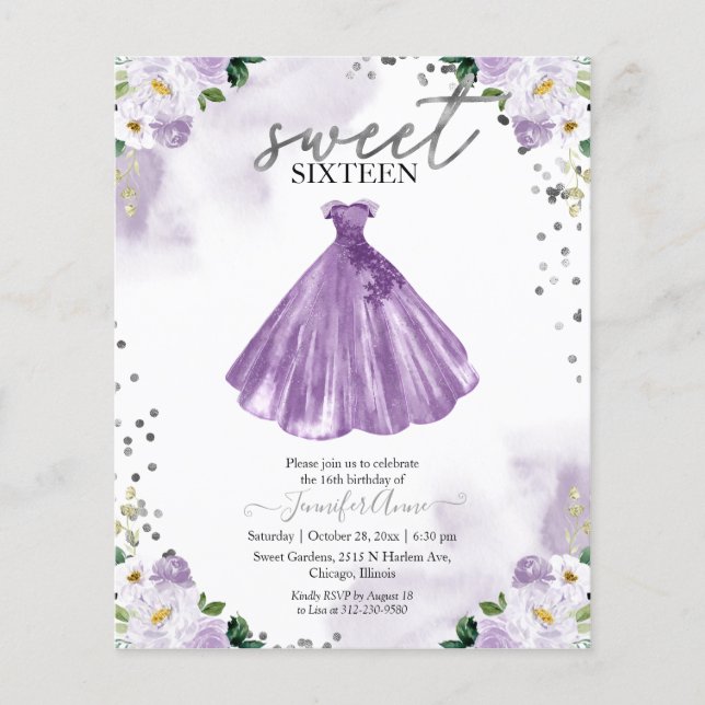 Budget Sweet 16 Invitation Purple Floral Dress (Front)