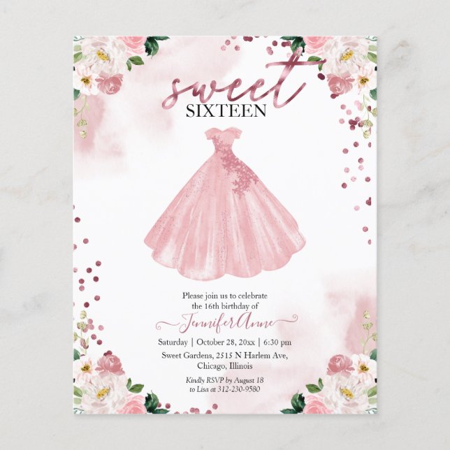 Budget Sweet 16 Invitation Rose Gold Floral Dress (Front)