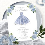 Budget Sweet 16 Invitation Silver Dusty Blue Gown<br><div class="desc">Delicate, whimsical dress, sweet sixteen birthday party invitations. Easy to personalise with your details. Please get in touch with me via chat if you have questions about the artwork or need customisation. Check the collection for more items. PLEASE NOTE: For assistance on orders, shipping, product information, etc., contact Zazzle Customer...</div>