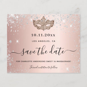 Budget Sweet 16 masquerade rose gold save the date