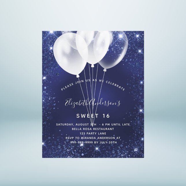 Budget Sweet 16 navy blue balloon invitation (Creator Uploaded)