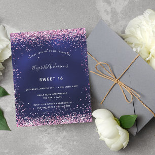 Budget Sweet 16 navy blue pink glitter invitation