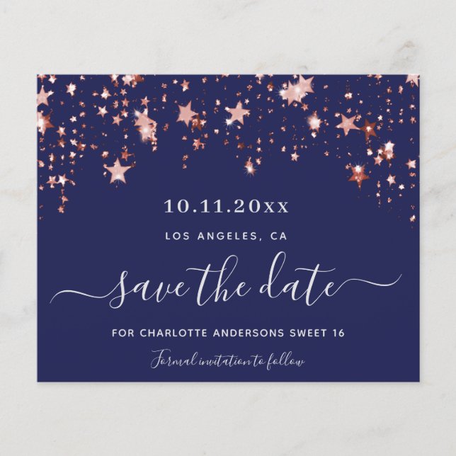 Budget Sweet 16 navy blue rose Save the Date (Front)