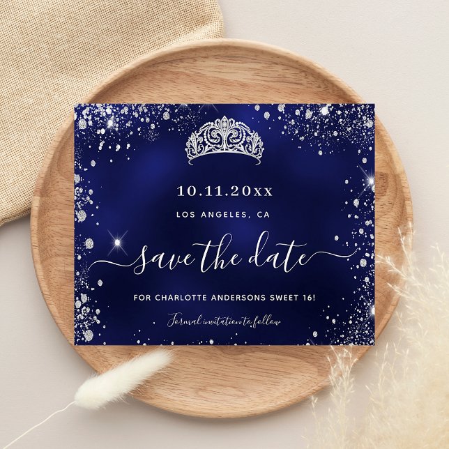 Budget Sweet 16 navy blue silver glitter save date (Creator Uploaded)