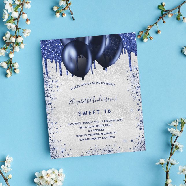 Budget Sweet 16 navy blue silver invitation (Creator Uploaded)