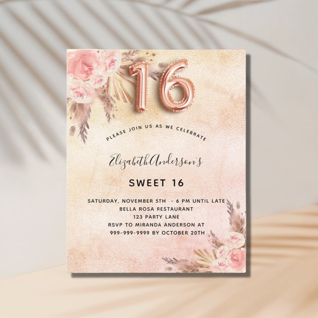 Budget Sweet 16 pampas grass rose gold invitation (Creator Uploaded)