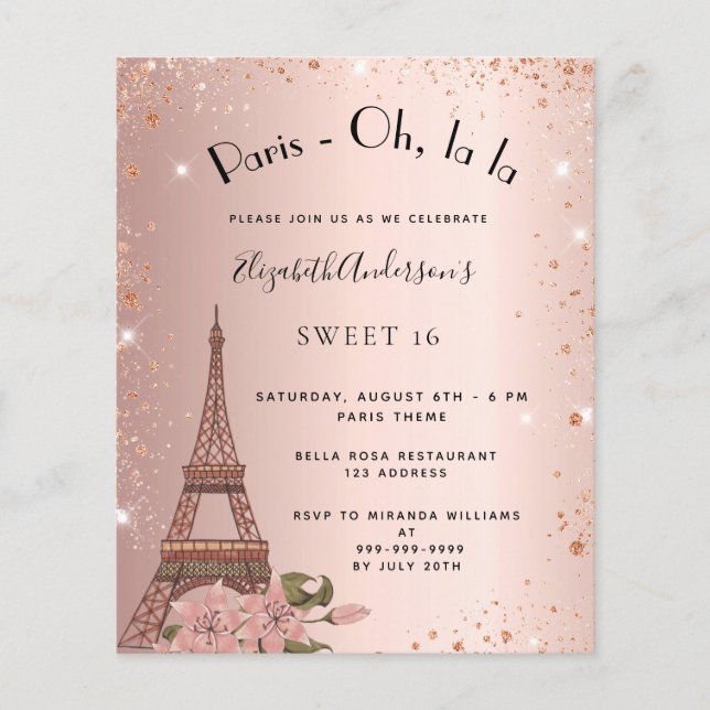 Budget Sweet 16 Paris rose gold invitation (Front)