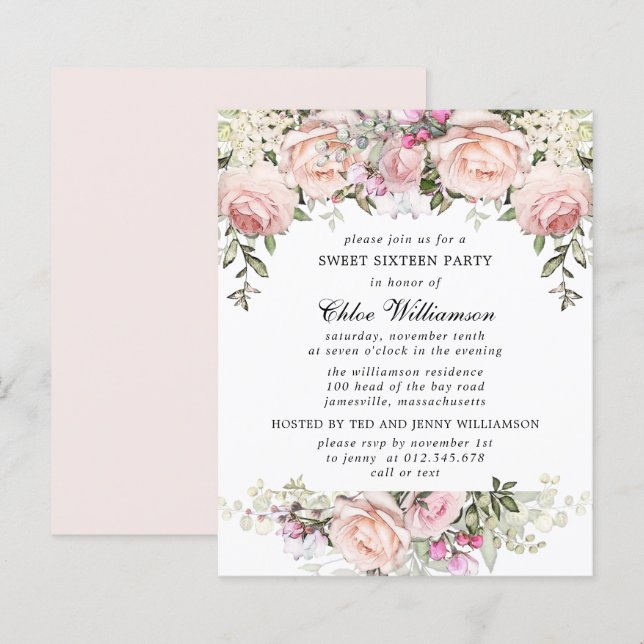 Budget Sweet 16 Party Blush Pink Floral Invitation (Front/Back)