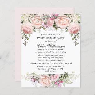Budget Sweet 16 Party Blush Pink Floral Invitation