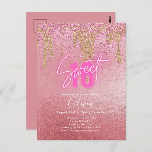 Budget Sweet 16 Pink Glitter Foil Girly Modern  Fl Postcard (Front/Back)