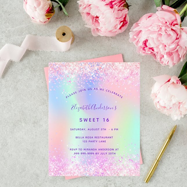 Budget Sweet 16 pink purple glitter invitation (Creator Uploaded)
