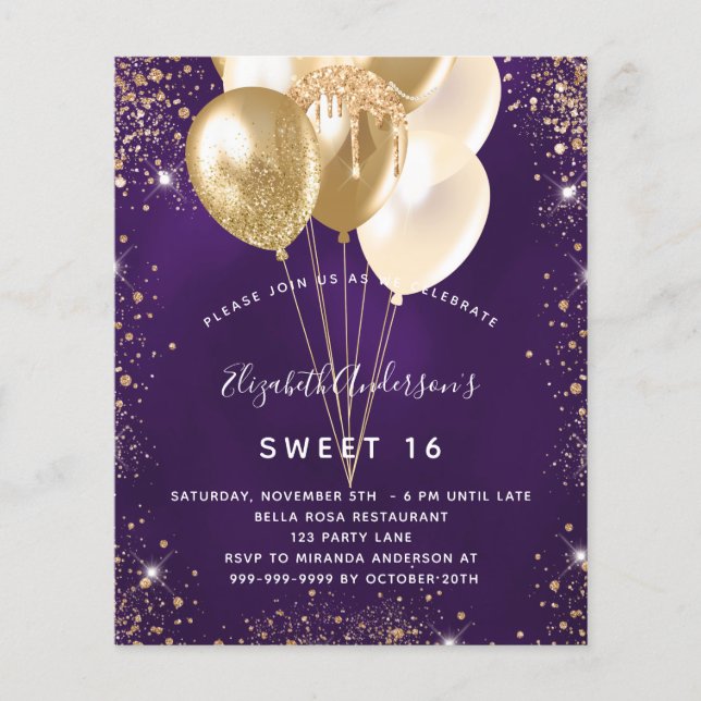 Budget Sweet 16 purple gold glitter balloons (Front)
