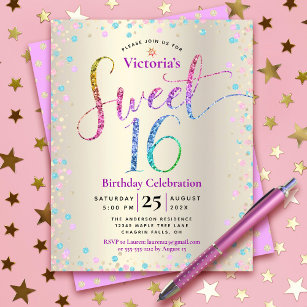 Budget Sweet 16 Rainbow Glitter Gold Invitation 