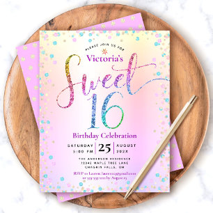 Budget Sweet 16 Rainbow Glitter Ombre Invitation 