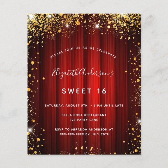 Budget Sweet 16 red gold movie theatre invitation (Front)