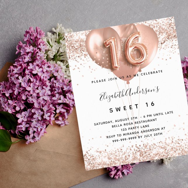 Budget Sweet 16 rose gold balloons invitation (Creator Uploaded)