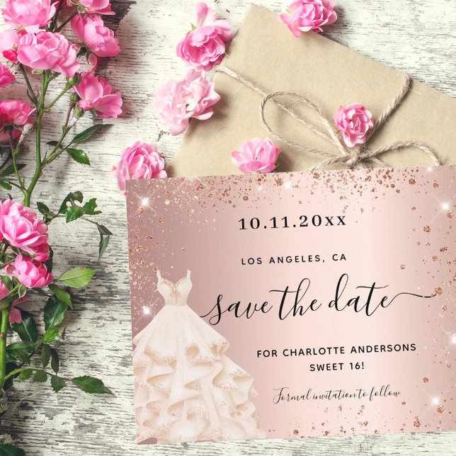 Budget Sweet 16 rose gold dress save the date (Creator Uploaded)
