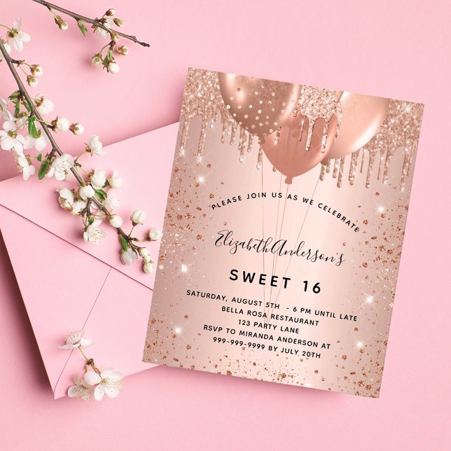 Budget Sweet 16 rose gold glitter invitation (Creator Uploaded)