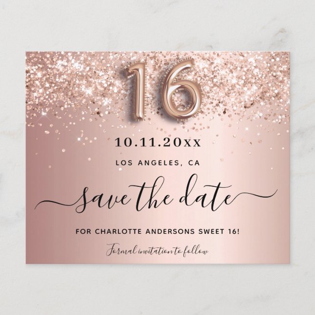 Budget Sweet 16 rose gold glitter save the date (Front)