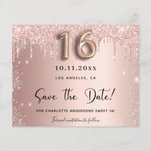 Budget Sweet 16 rose gold glitter save the date