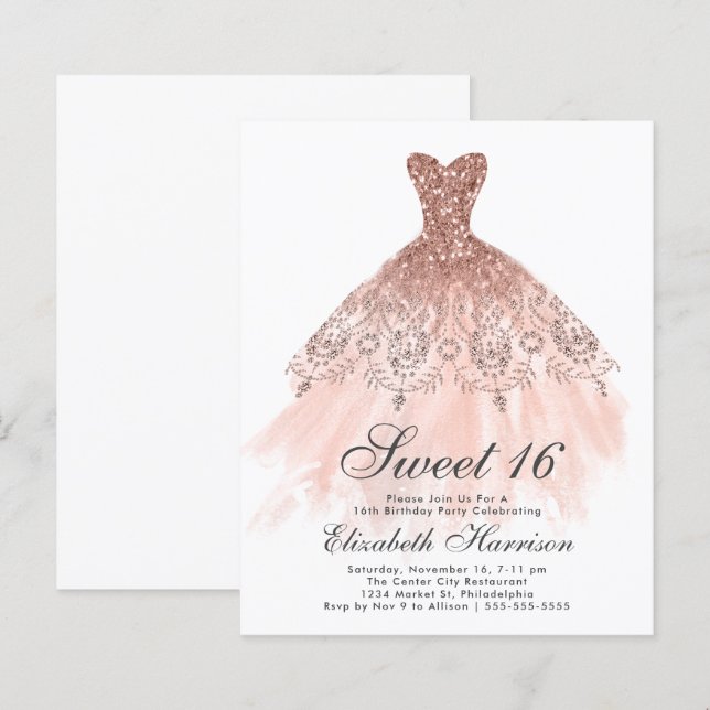 Budget Sweet 16 Rose Gold Gown Birthday Party (Front/Back)