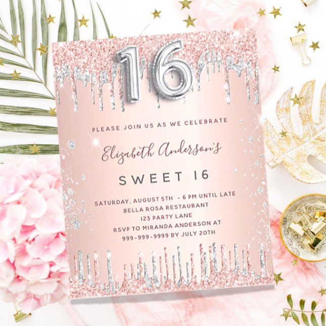 Budget Sweet 16 rose gold silver invitation (Creator Uploaded)