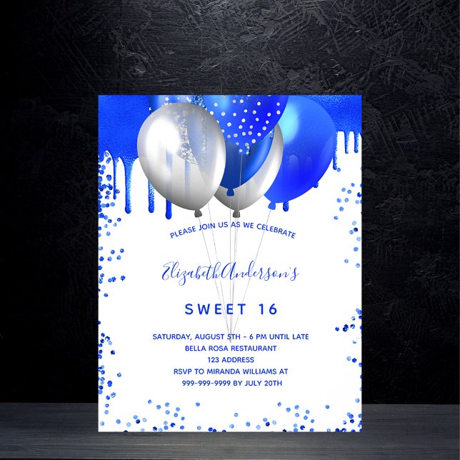 Budget Sweet 16 royal blue white invitation (Creator Uploaded)