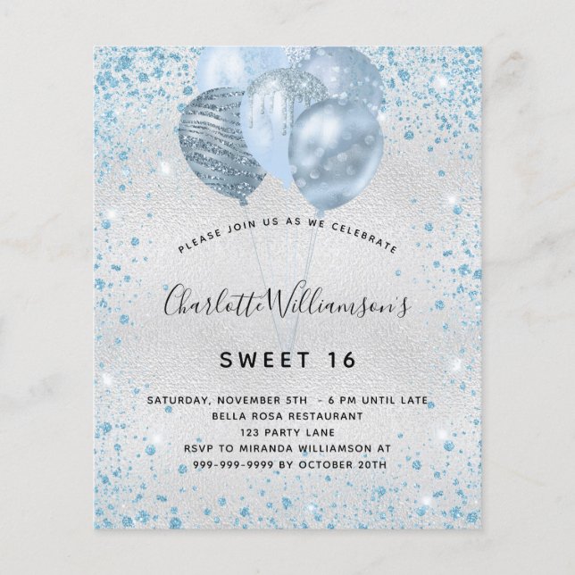 Budget Sweet 16 silver blue glitter invitation (Front)